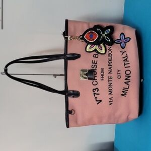 V73 Pink Canvas Cruise Bag Monte Napoleone Tote Shopper Handbag w. Charms